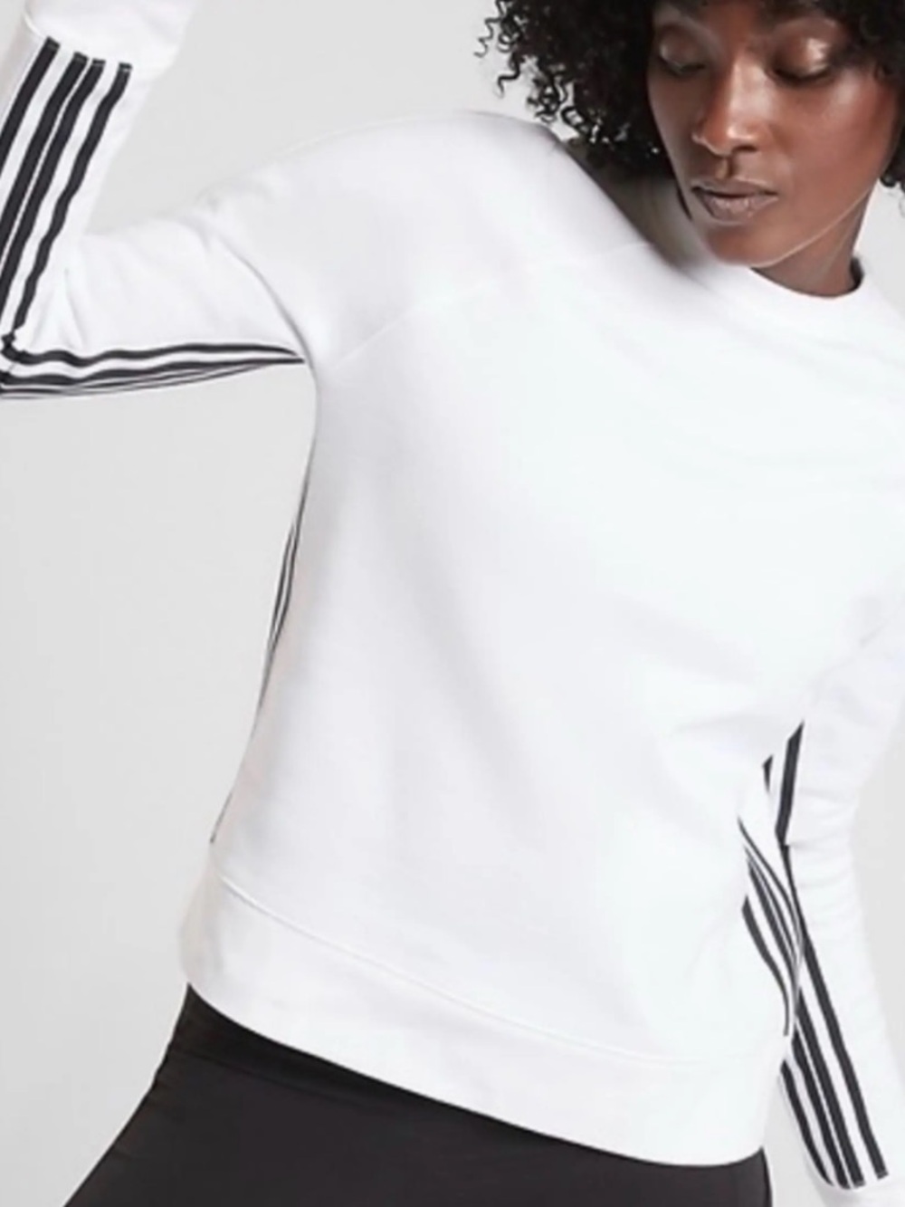 Athleta White Sweatshirt with Black Sleeve Stripes M T